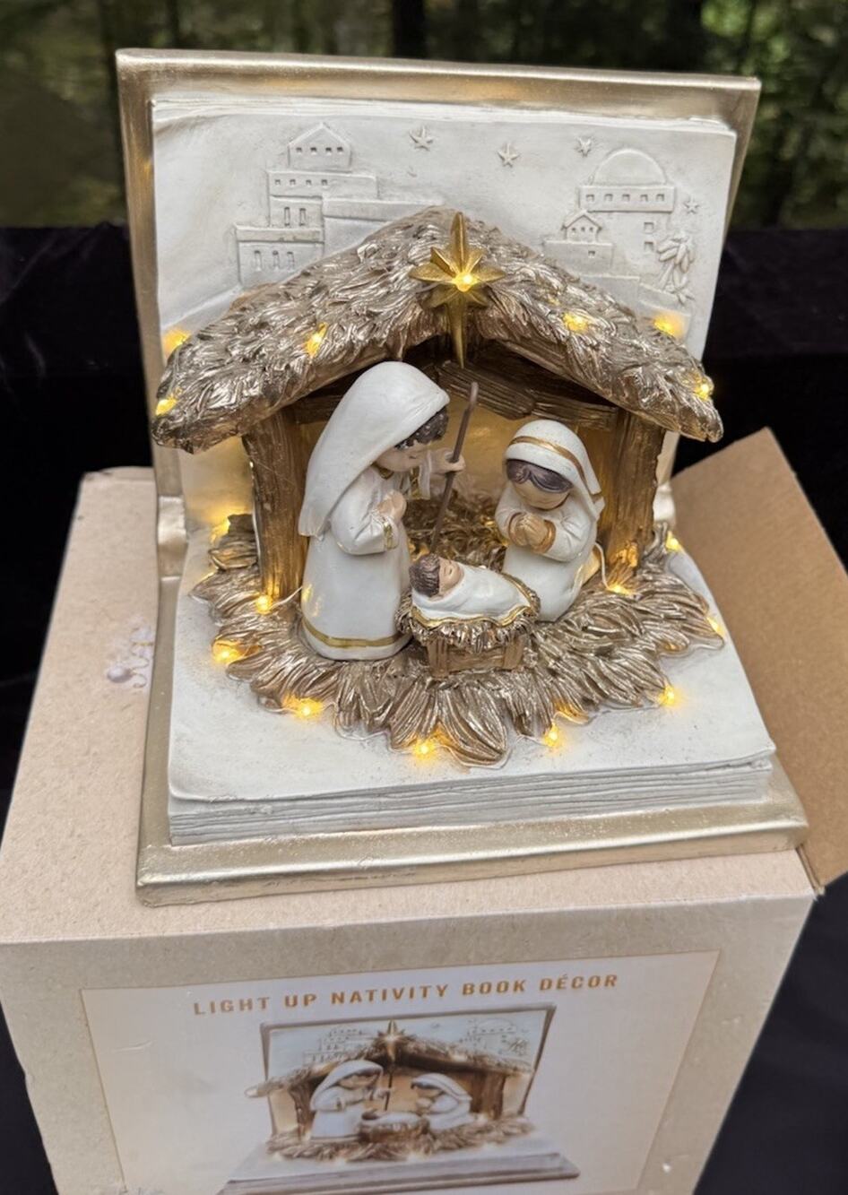 Vintage Cracker Barrel Light Up NATIVITY SCENE Reading Book Decor In Box! Rare!